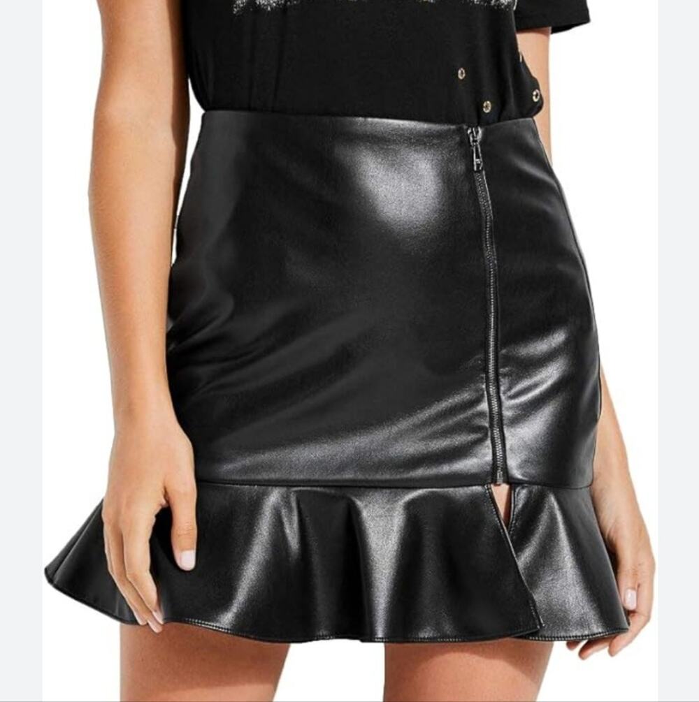 Guess Caspian Faux Leather Skirt With Zipper And Ruffle Hem